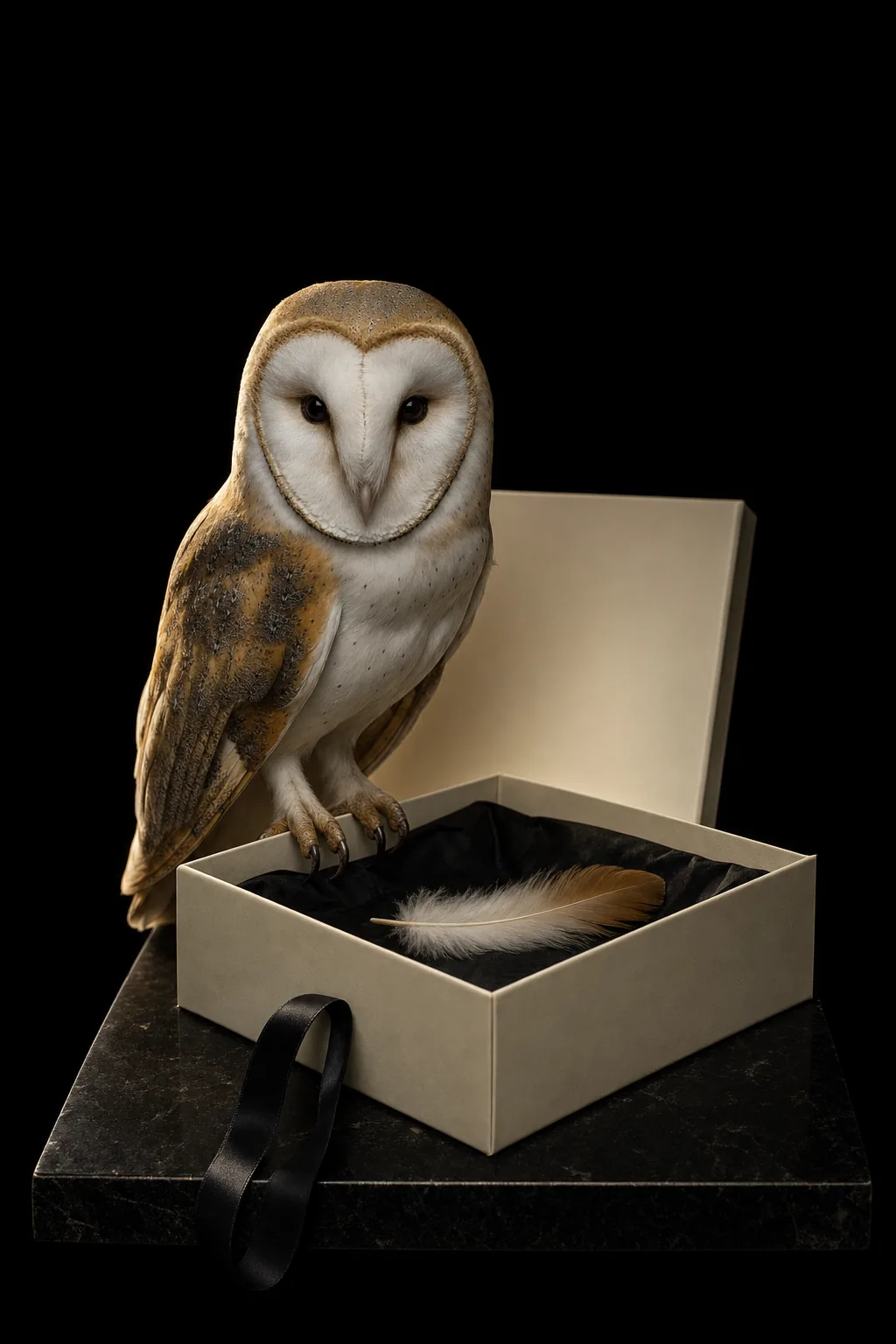 The owl sits on an open box. Inside is one feather.